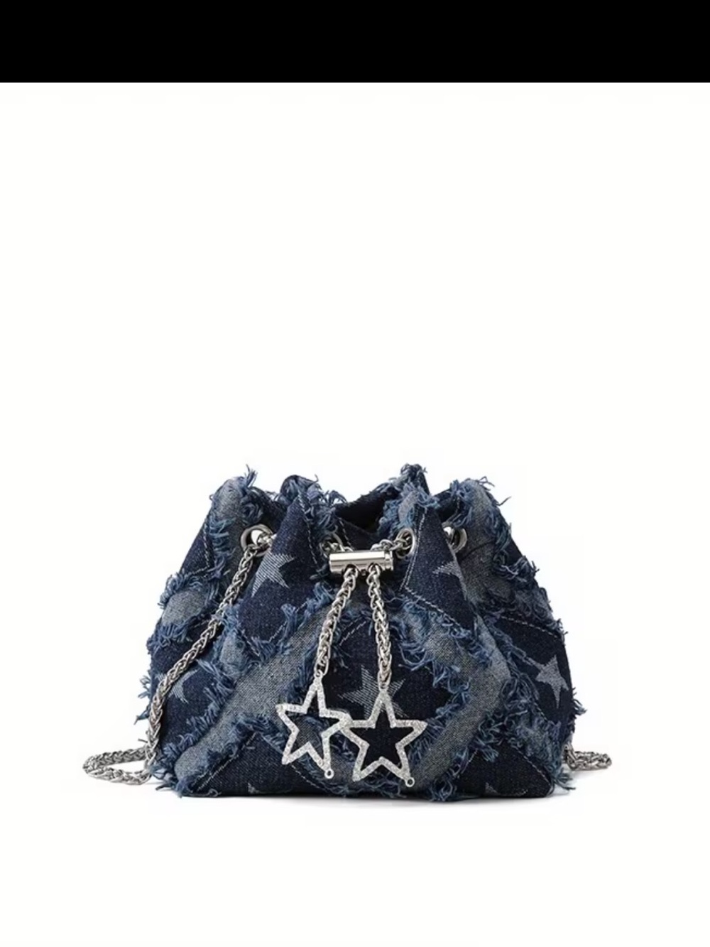 Affordable Fashion Finds Navy Denim Star Drawstring Mini Bag with Silver Charms